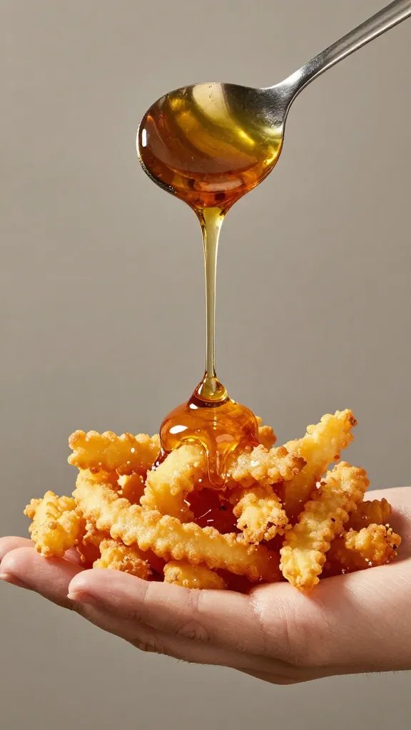 hand holding one reaper fry with honey drip