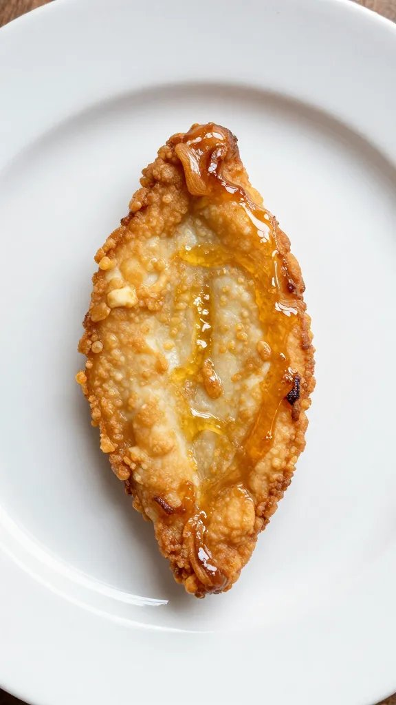 single fry resting on white plate, honey sheen