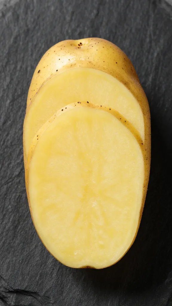 single russet potato, thinly sliced, on black slate