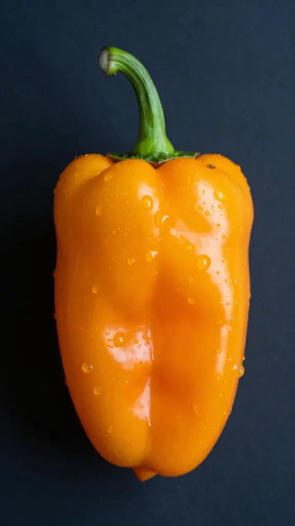 fresh orange habanero pepper, dewdrops, on dark background