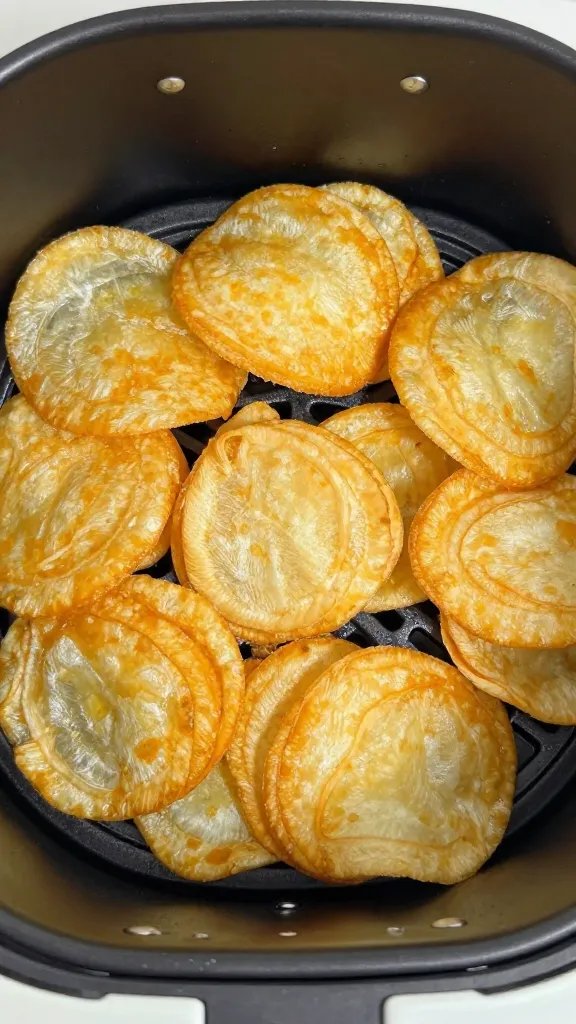 air fryer basket filled with golden crispy chips, overhead