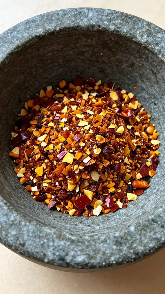 mortar with crushed habanero flakes, tight macro