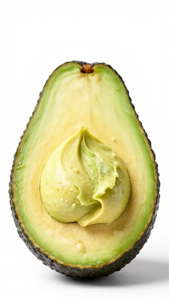 avocado half with scooped flesh swirl, clean backdrop
