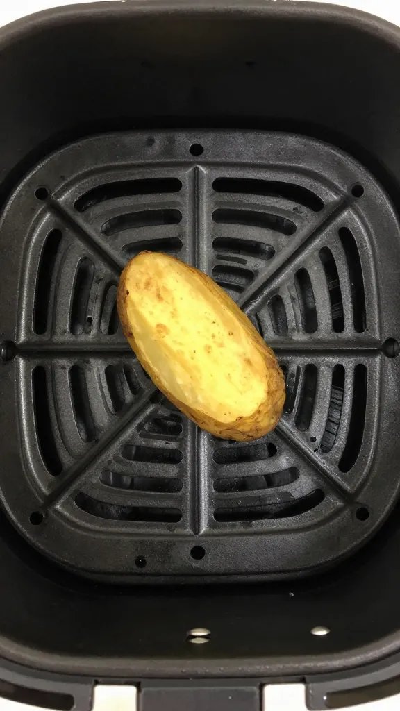 air fryer basket with one golden potato wedge, overhead