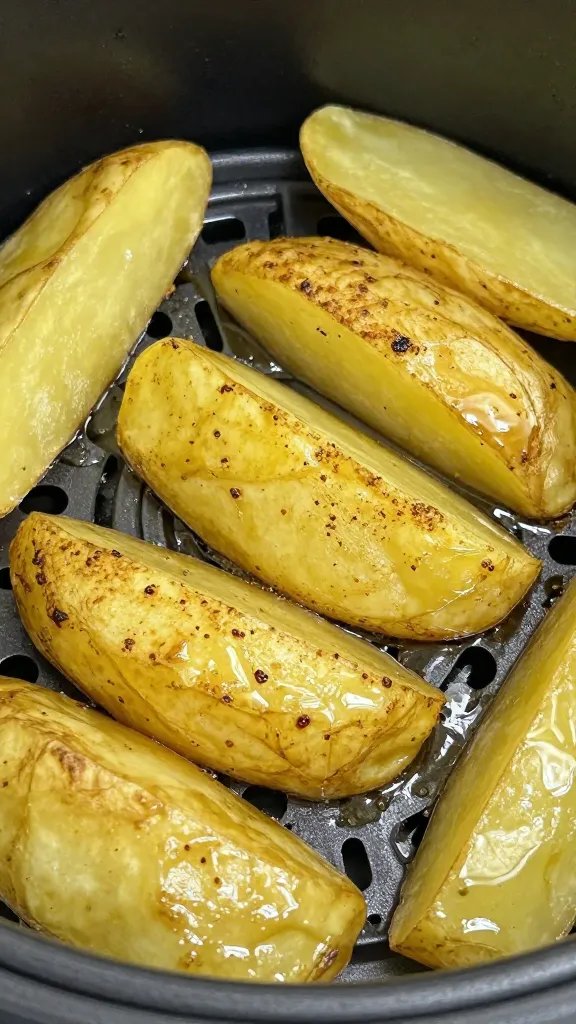 oily brushed potato wedge before air frying, closeup
