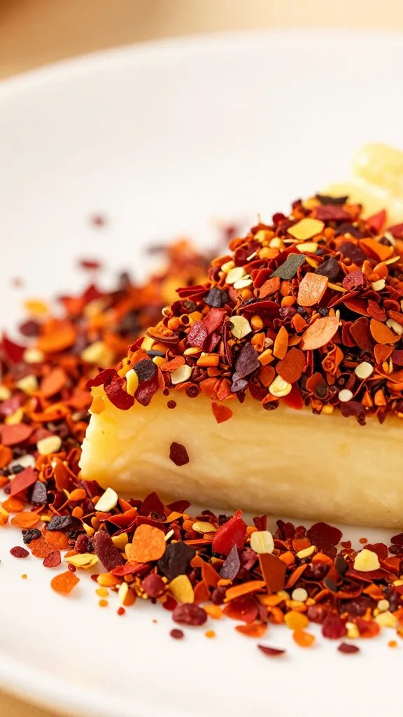 ghost pepper flakes clinging to one wedge, shallow depth