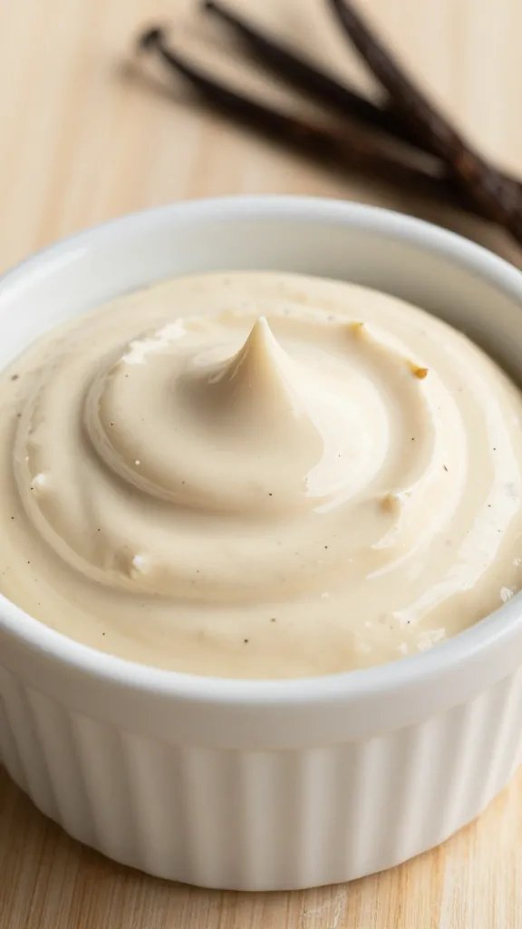 vanilla bean dip in white ramekin, visible specks
