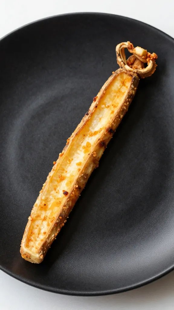 single air-fried parsnip wedge on matte black plate