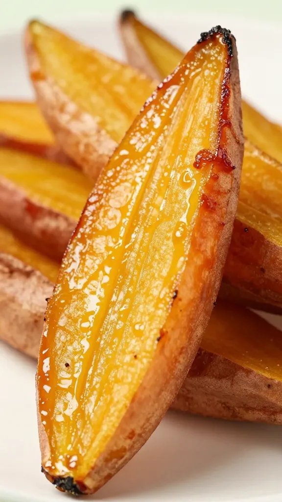 golden sweet potato wedge with caramelized edges, macro