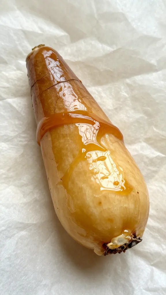 single turnip wedge on parchment, apple butter sheen