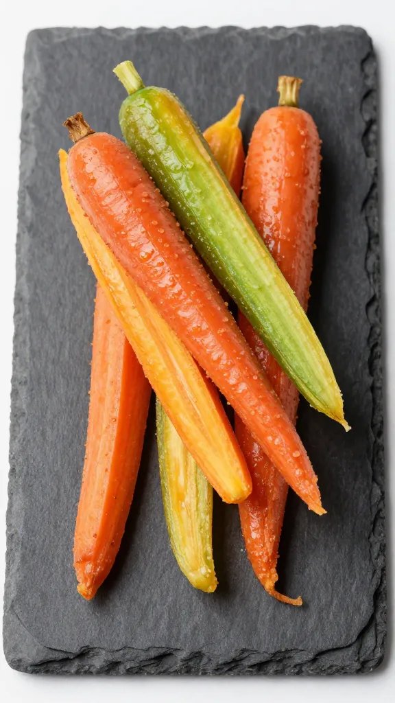 air-fried rainbow carrot wedge on slate board, macro