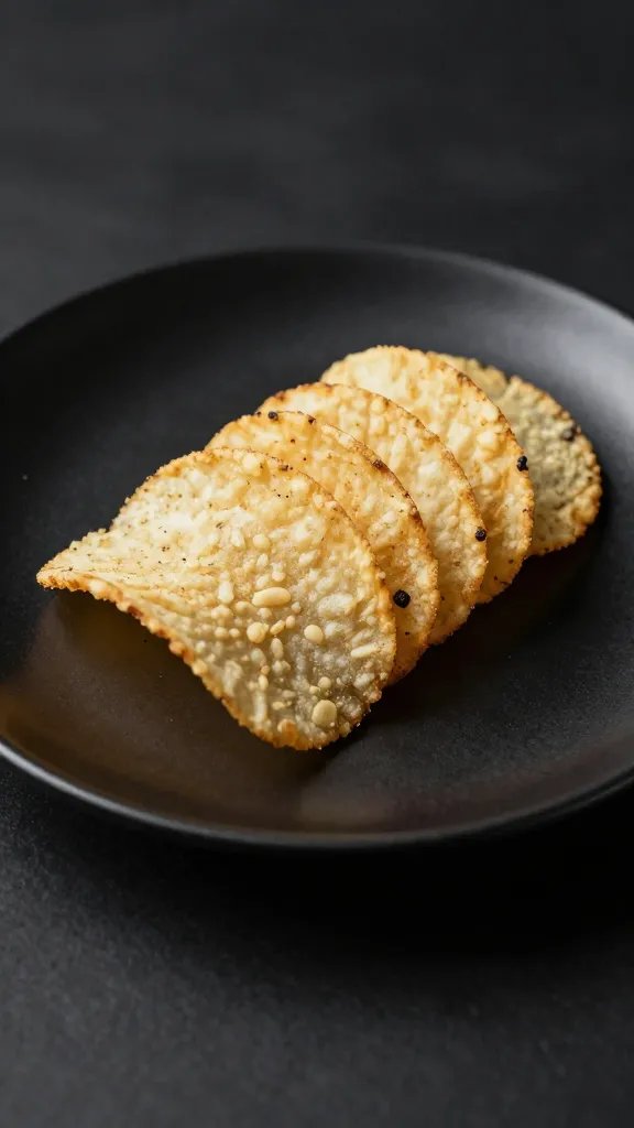 single potato crisp on matte black plate, studio lighting