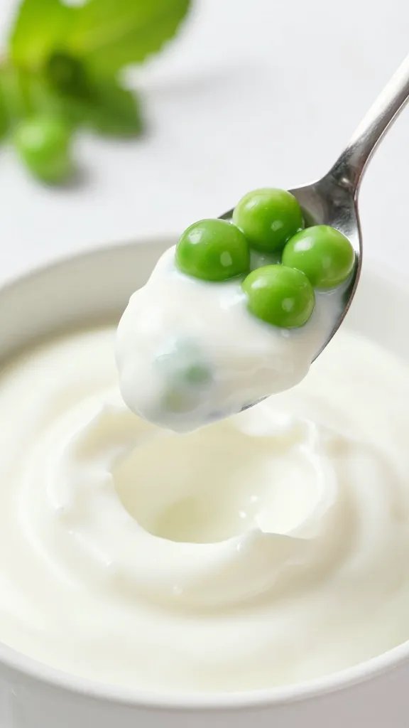 spoon dipped in minted pea yogurt, pea garnish