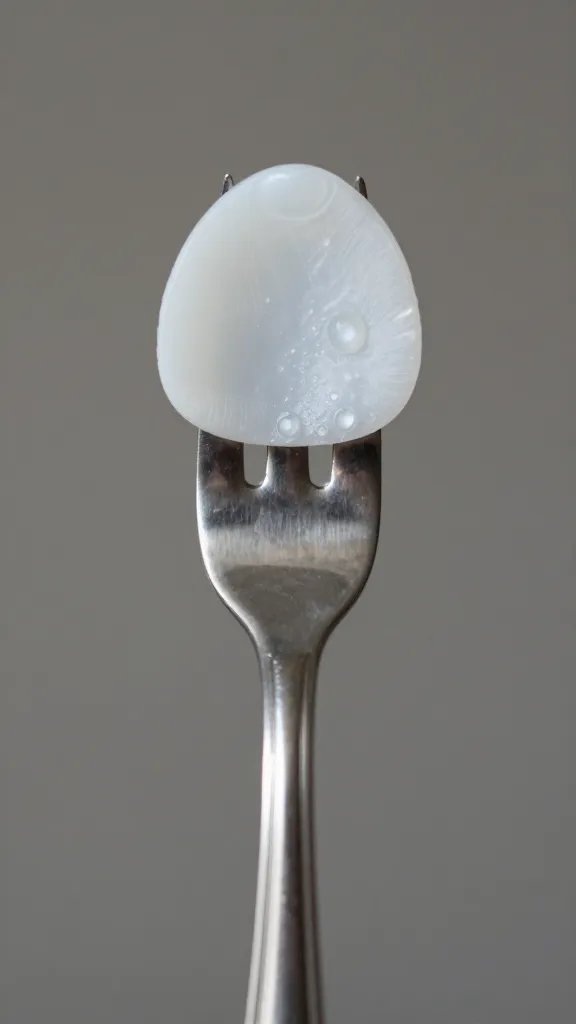 single crisp balanced on fork, shallow depth of field