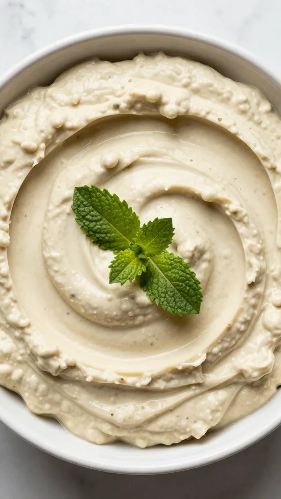 swirl of pea dip with mint leaf centerpiece, overhead