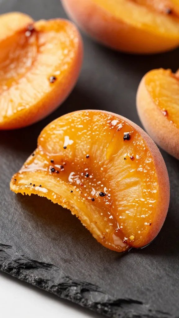 closeup of caramelized bbq peach chip on black slate