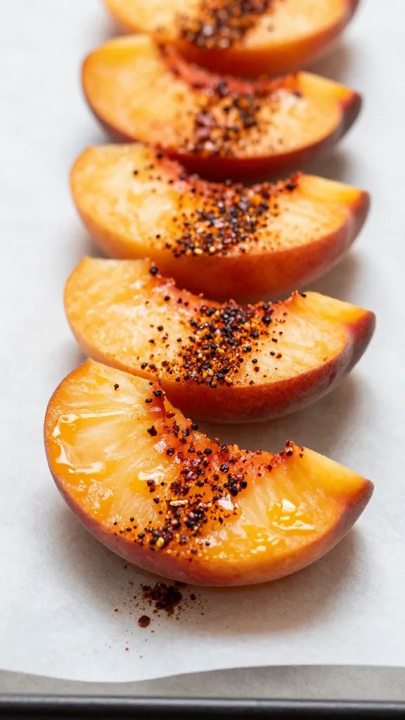 peach slice dusted with bbq rub on parchment