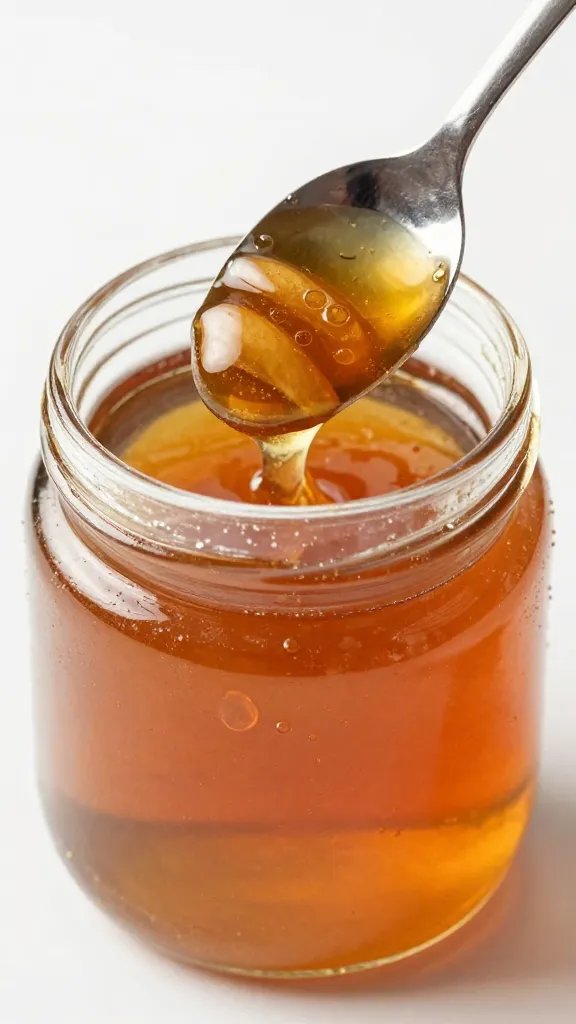 spoon dipping into bourbon honey glaze