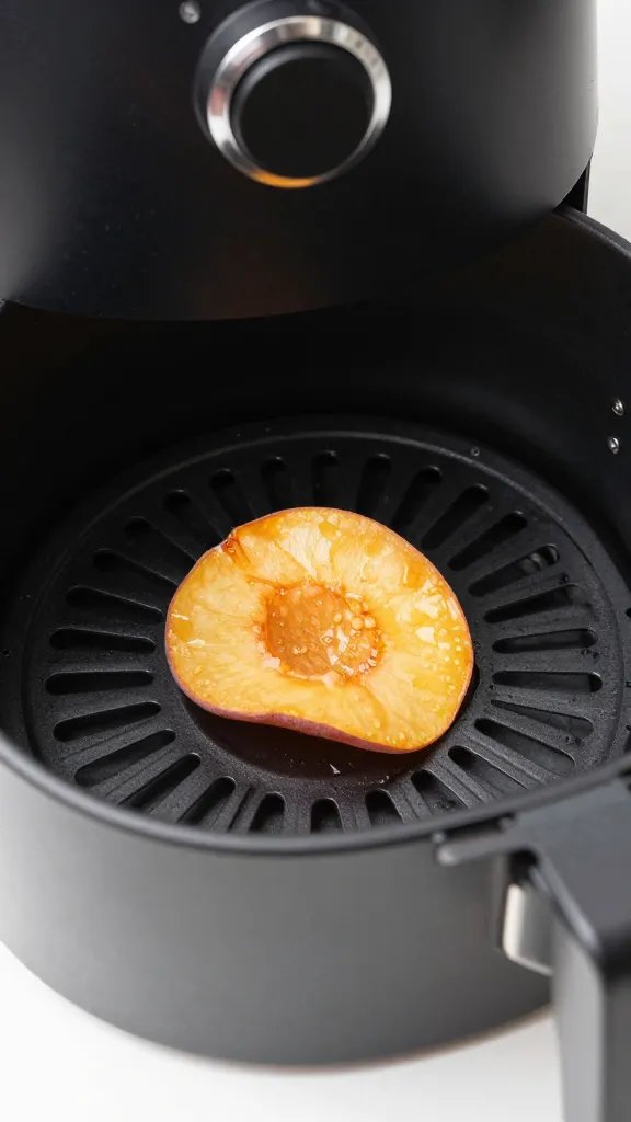 air fryer basket with one crisp peach chip