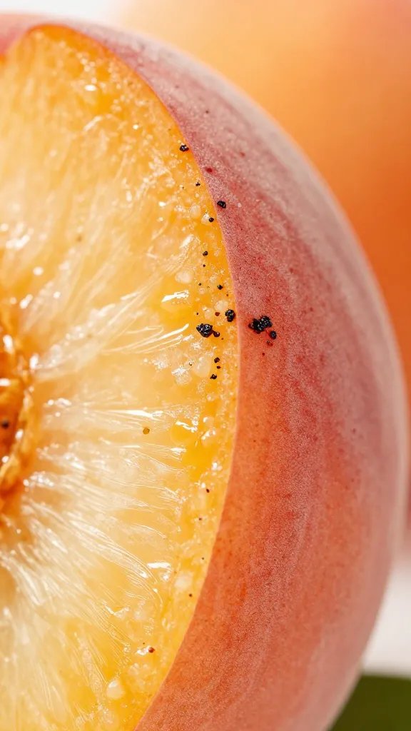 macro of sugar-crusted peach edge, smoky seasoning