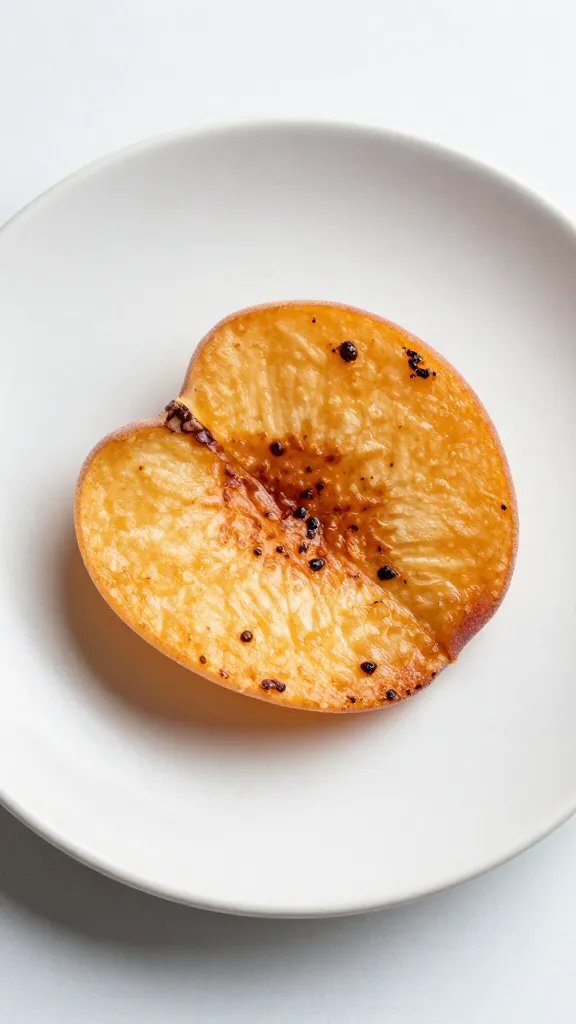 single grilled-style peach chip on matte ceramic plate