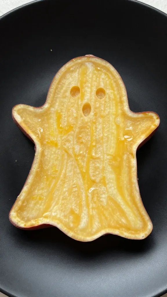 closeup ghost-shaped sweet potato wedge on matte black plate
