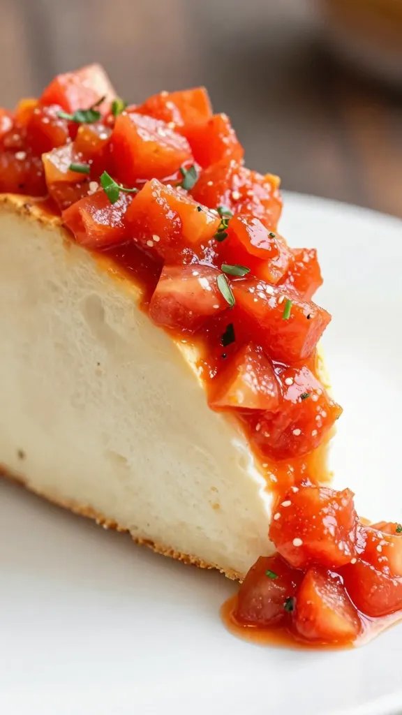 single ghost wedge dipping into chunky tomato salsa