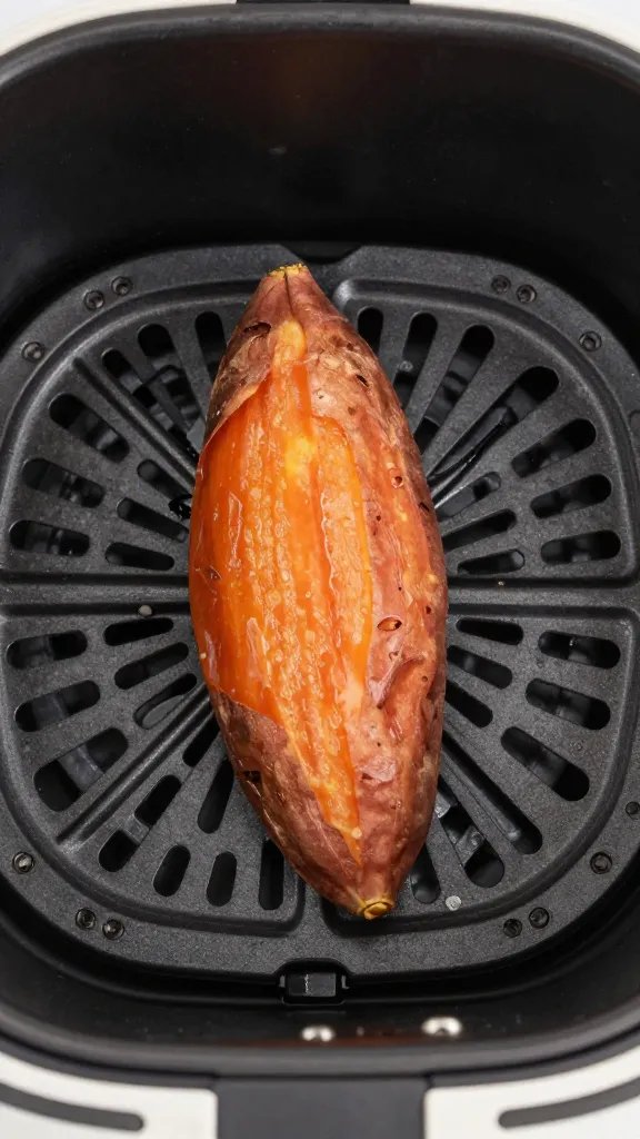 air fryer basket holding one ghost sweet potato wedge