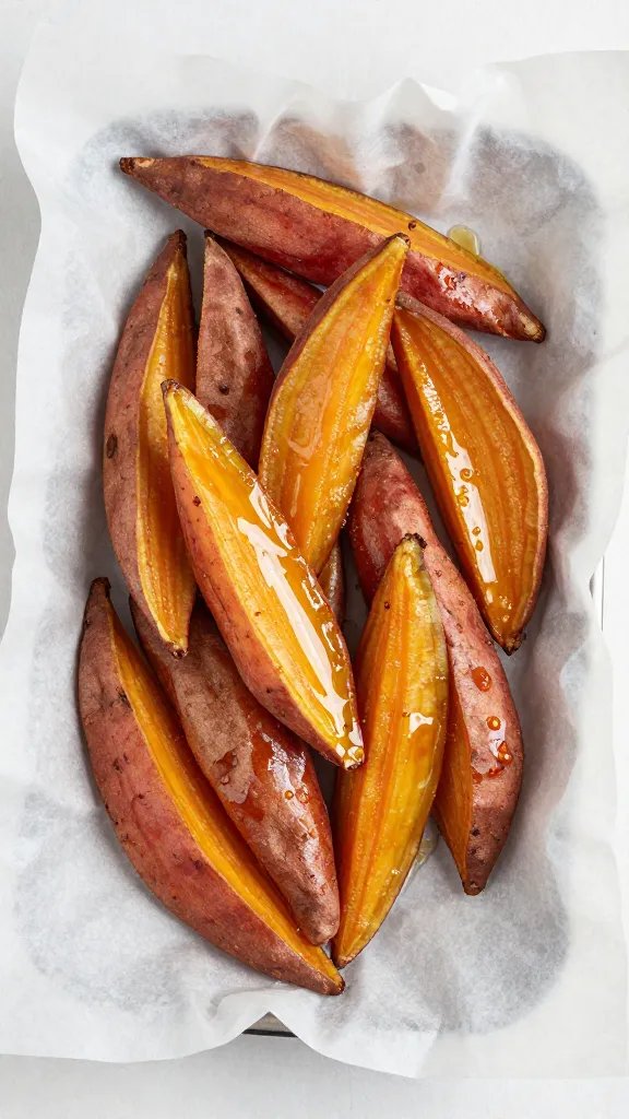 ghost sweet potato wedge on parchment with oil sheen