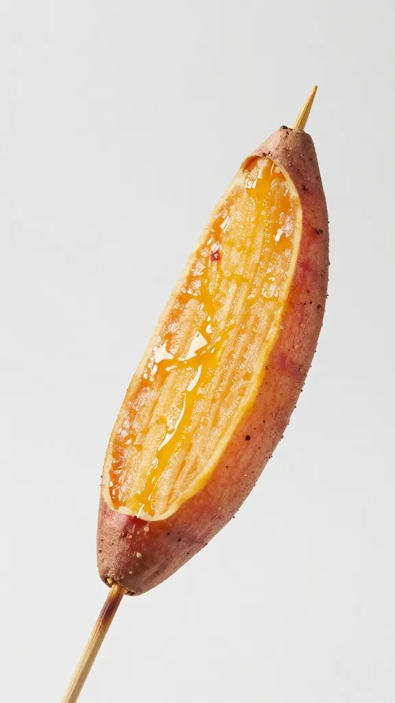 ghost sweet potato wedge on wooden skewer, studio lighting