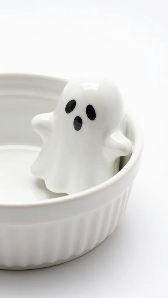 ghost-shaped wedge on white ceramic ramekin edge