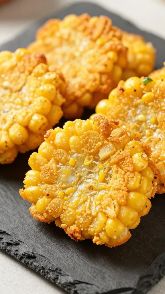 closeup of crispy corn fritter fry on slate plate