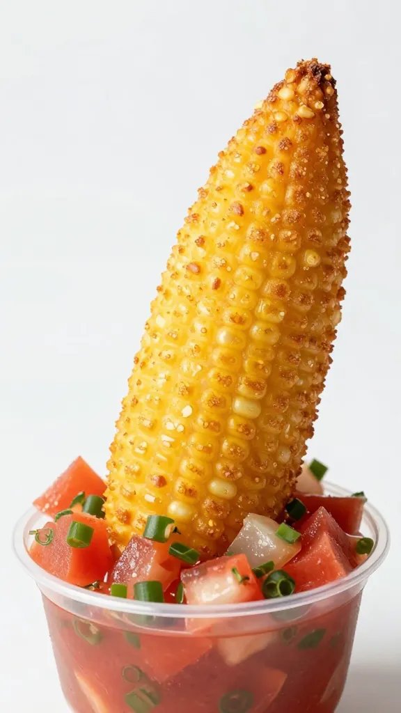 single corn fritter fry dipped in pico de gallo