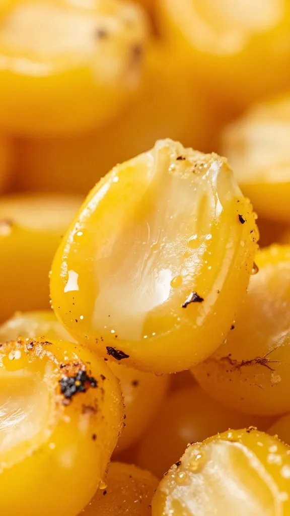 macro of charred sweet corn kernel inside fritter fry