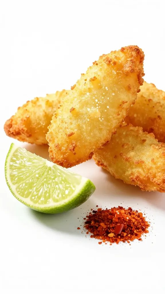 single lime wedge with chili salt beside fritter fry