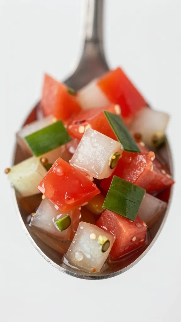 spoonful of fresh pico de gallo, tight closeup