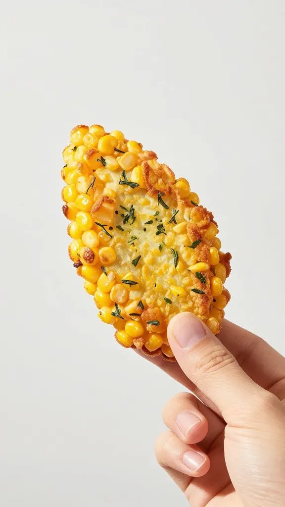 hand holding one herby corn fritter fry, studio light