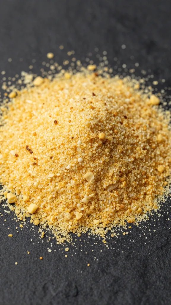 coarse cornmeal dusting on dark surface, tight macro