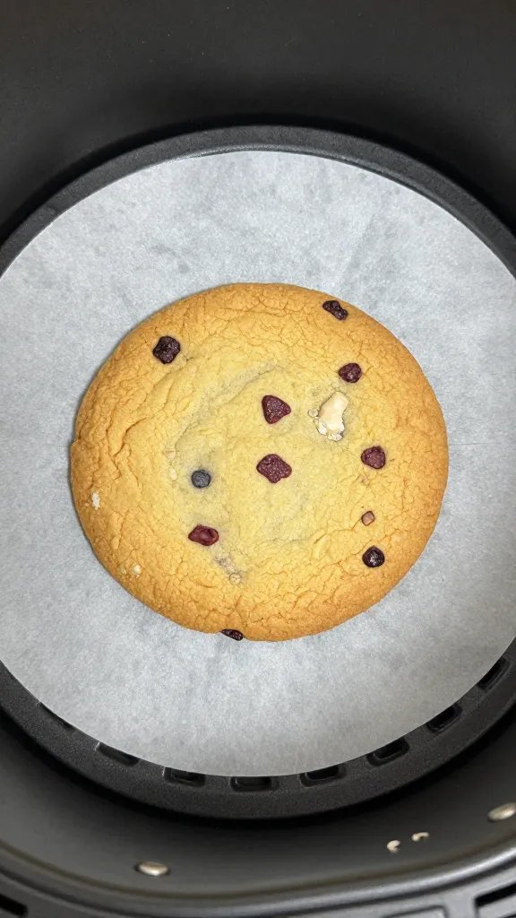 single peppermint crisp cookie on parchment, air fryer basket