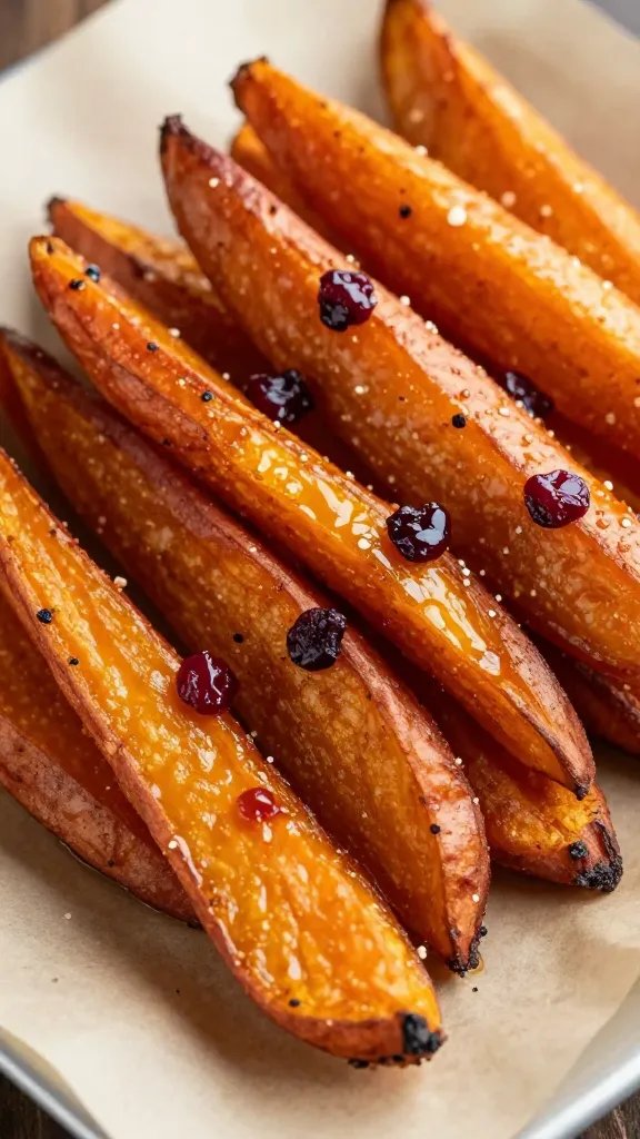 closeup of cranberry-glazed sweet potato fry on parchment