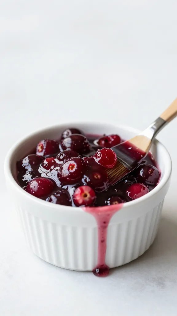 single ramekin of cranberry glaze with brush drips
