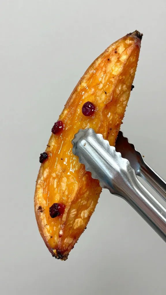 crispy sweet potato fry held with tongs, glossy cranberry sheen