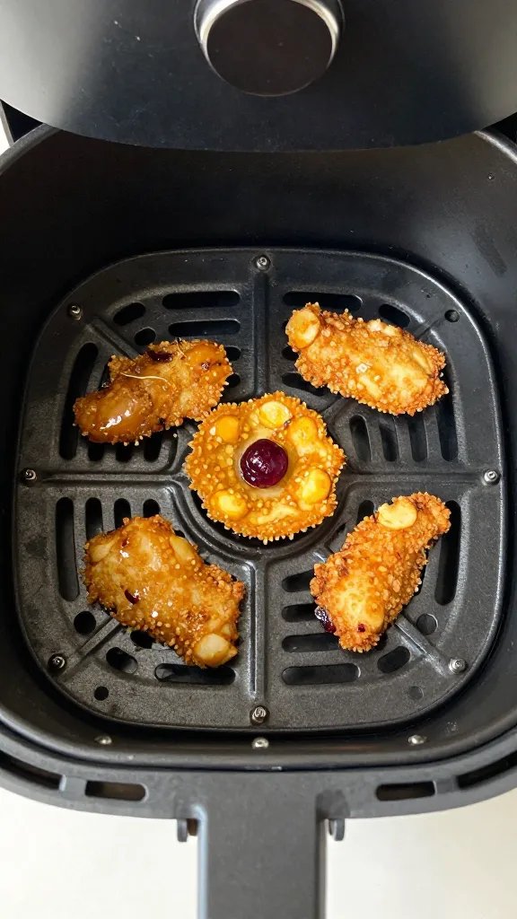 air fryer basket with one cranberry-glazed fry centered