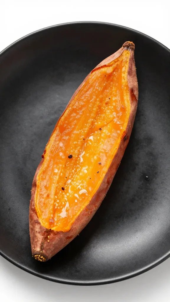 single seasoned sweet potato fry on matte black plate