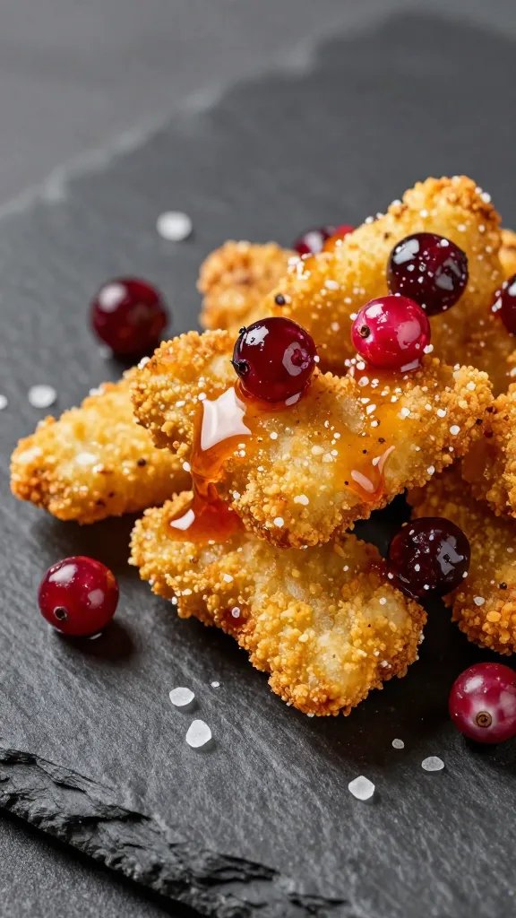 cranberry-glazed fry against dark slate background, salt crystals
