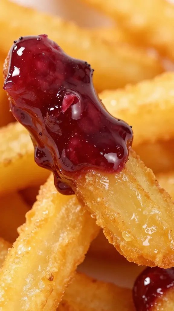 closeup of jammy cranberry glaze coating one fry tip