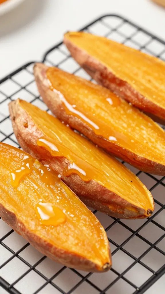 golden-edged sweet potato fry on cooling rack, glaze drip