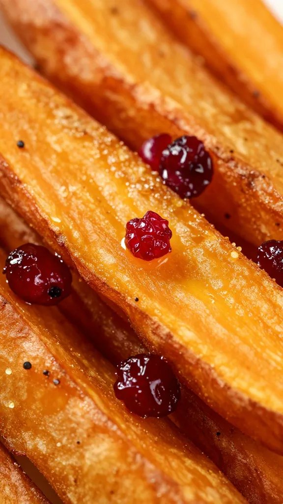 macro shot of crispy sweet potato fry surface, cranberry shine