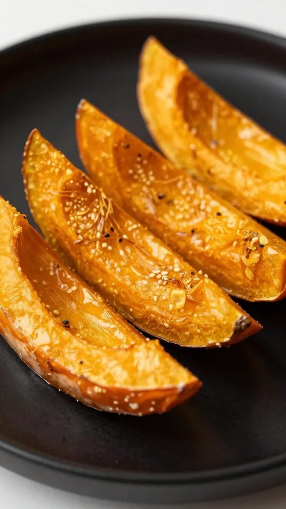 closeup of crispy pumpkin wedge on matte black plate