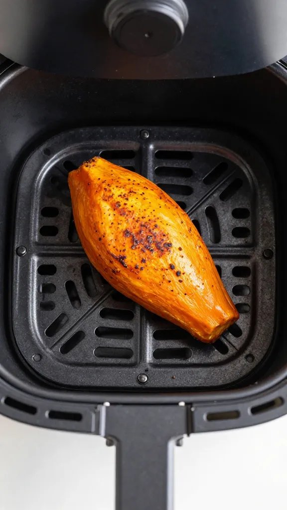 air fryer basket with single seasoned pumpkin wedge